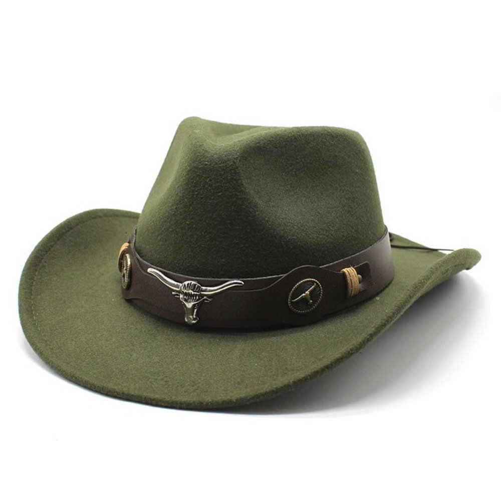 Dark Green Western‎ Cowboy, Cowgirl Hat, Bull Horns Strap, Men Women Wide Brim